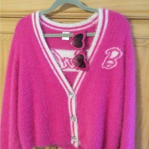 Barbie Cardigan with pink heart glasses